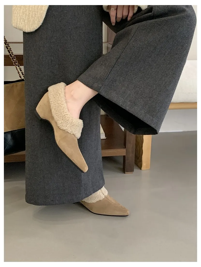 Elegant Women Pumps Thick Low Heel 2026 Winter Warm Fur Shoes New Fashion Ladies Shoes For Party Dress Pumps Pointed To Footwear
