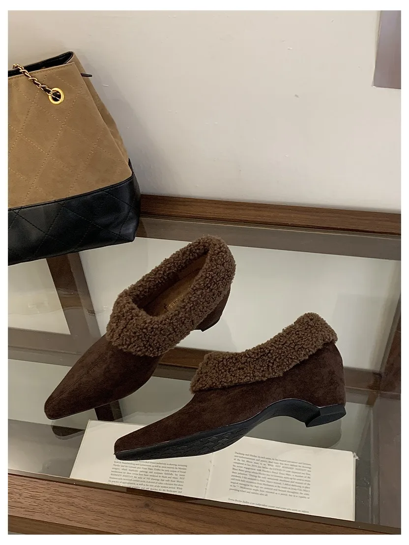 Elegant Women Pumps Thick Low Heel 2026 Winter Warm Fur Shoes New Fashion Ladies Shoes For Party Dress Pumps Pointed To Footwear
