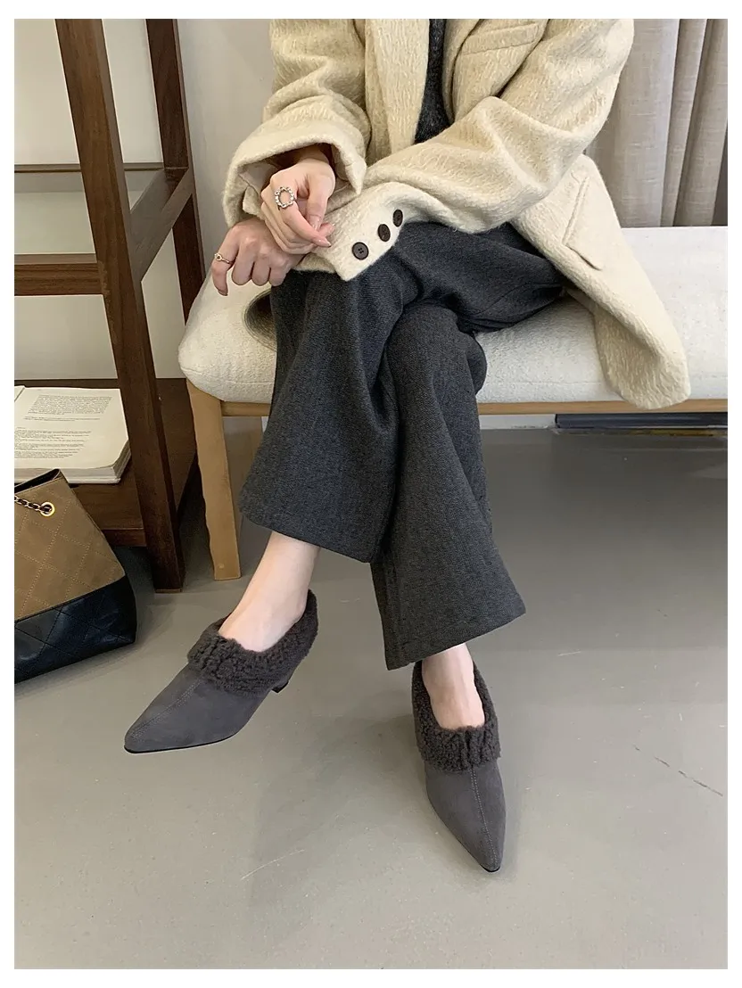 Elegant Women Pumps Thick Low Heel 2026 Winter Warm Fur Shoes New Fashion Ladies Shoes For Party Dress Pumps Pointed To Footwear