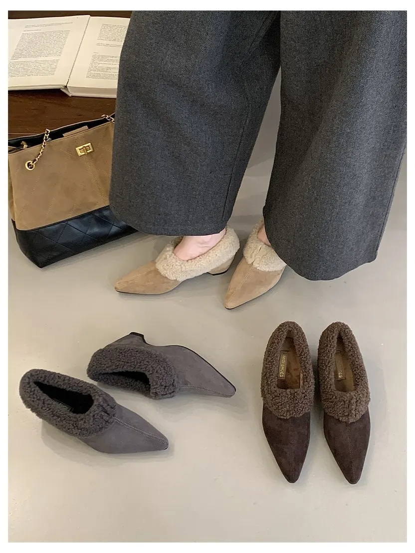 Elegant Women Pumps Thick Low Heel 2026 Winter Warm Fur Shoes New Fashion Ladies Shoes For Party Dress Pumps Pointed To Footwear