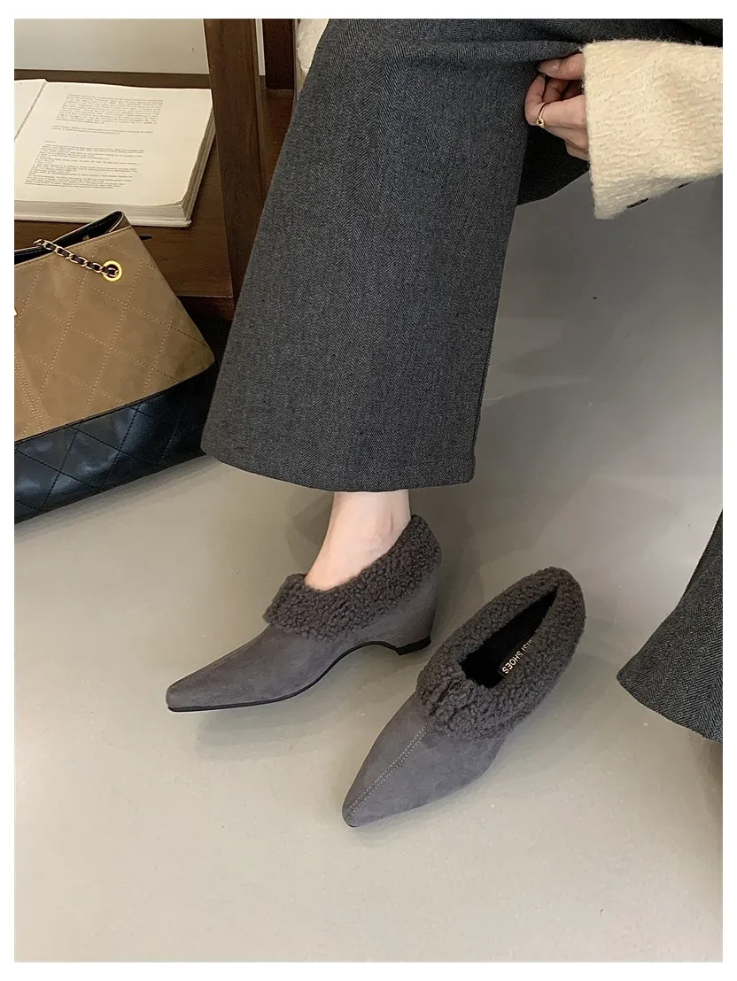Elegant Women Pumps Thick Low Heel 2026 Winter Warm Fur Shoes New Fashion Ladies Shoes For Party Dress Pumps Pointed To Footwear