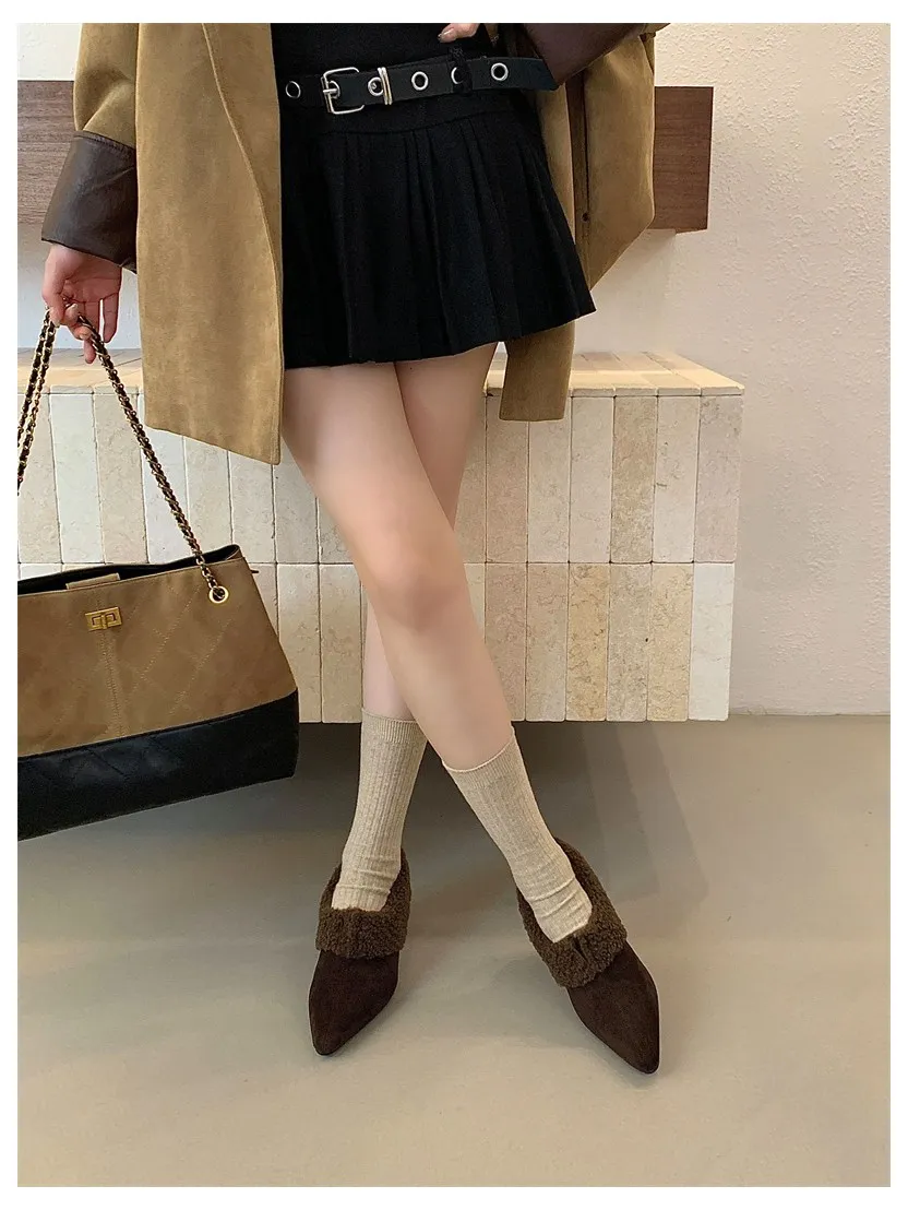 Elegant Women Pumps Thick Low Heel 2026 Winter Warm Fur Shoes New Fashion Ladies Shoes For Party Dress Pumps Pointed To Footwear