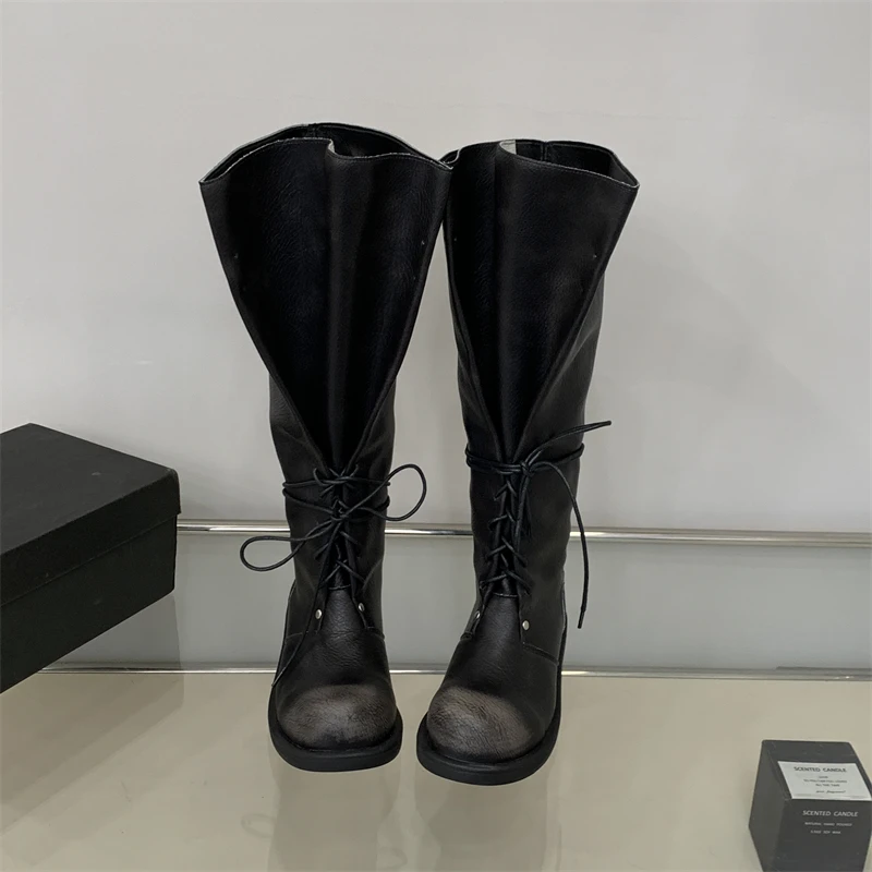 ZAROY Strap Lace Up Knee High Boots Women Autumn Winter Wide Calf Fold Ankle Boots Chunky Low Heel Patchwork Riding Booties