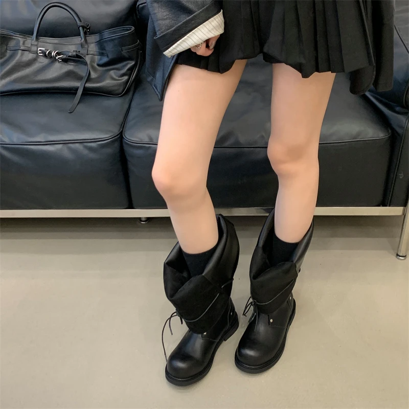 ZAROY Strap Lace Up Knee High Boots Women Autumn Winter Wide Calf Fold Ankle Boots Chunky Low Heel Patchwork Riding Booties