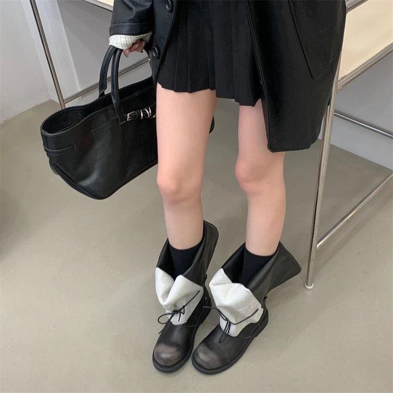 ZAROY Strap Lace Up Knee High Boots Women Autumn Winter Wide Calf Fold Ankle Boots Chunky Low Heel Patchwork Riding Booties