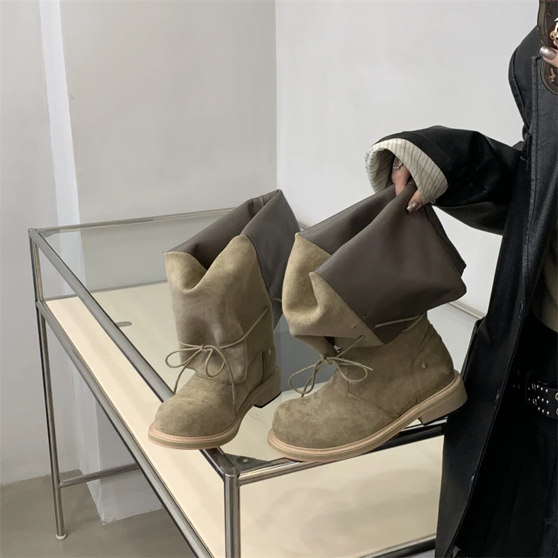 ZAROY Strap Lace Up Knee High Boots Women Autumn Winter Wide Calf Fold Ankle Boots Chunky Low Heel Patchwork Riding Booties