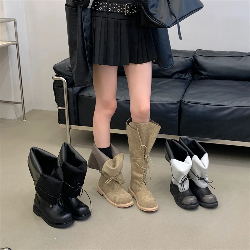 ZAROY Strap Lace Up Knee High Boots Women Autumn Winter Wide Calf Fold Ankle Boots Chunky Low Heel Patchwork Riding Booties