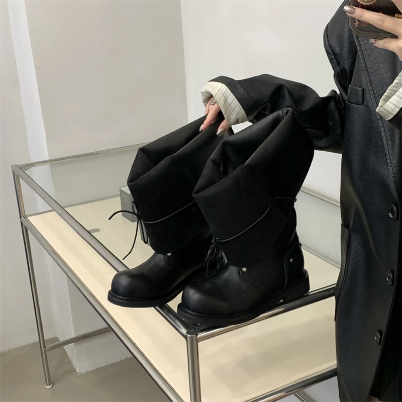 ZAROY Strap Lace Up Knee High Boots Women Autumn Winter Wide Calf Fold Ankle Boots Chunky Low Heel Patchwork Riding Booties