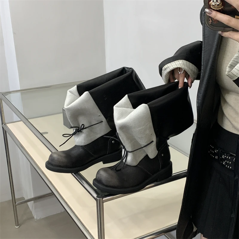 ZAROY Strap Lace Up Knee High Boots Women Autumn Winter Wide Calf Fold Ankle Boots Chunky Low Heel Patchwork Riding Booties