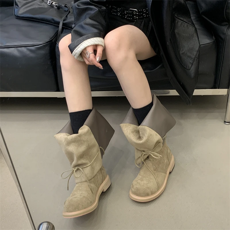 ZAROY Strap Lace Up Knee High Boots Women Autumn Winter Wide Calf Fold Ankle Boots Chunky Low Heel Patchwork Riding Booties