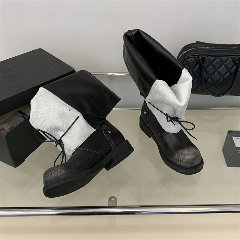 ZAROY Strap Lace Up Knee High Boots Women Autumn Winter Wide Calf Fold Ankle Boots Chunky Low Heel Patchwork Riding Booties