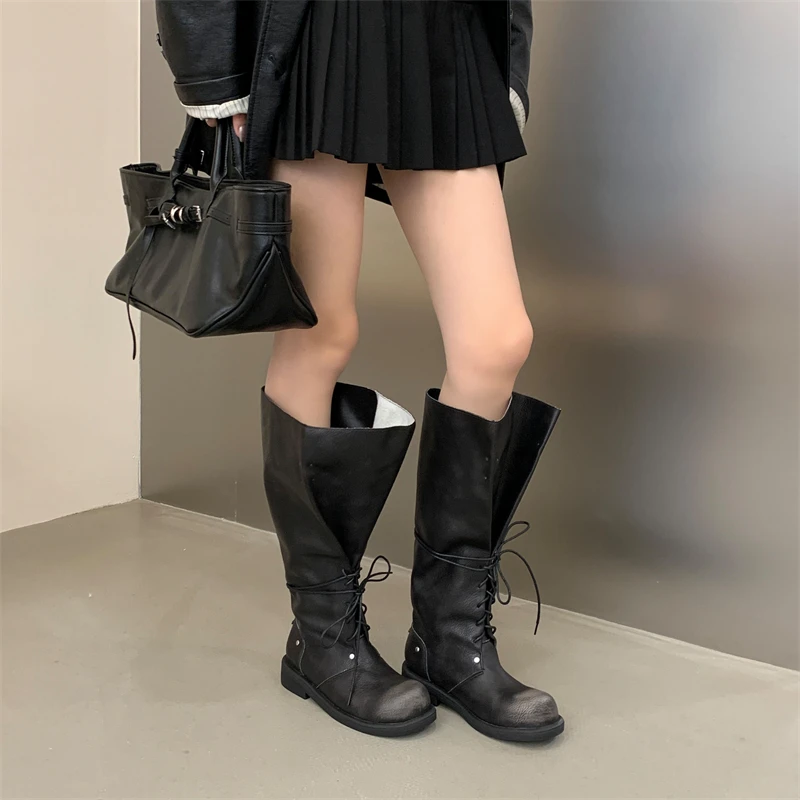 ZAROY Strap Lace Up Knee High Boots Women Autumn Winter Wide Calf Fold Ankle Boots Chunky Low Heel Patchwork Riding Booties