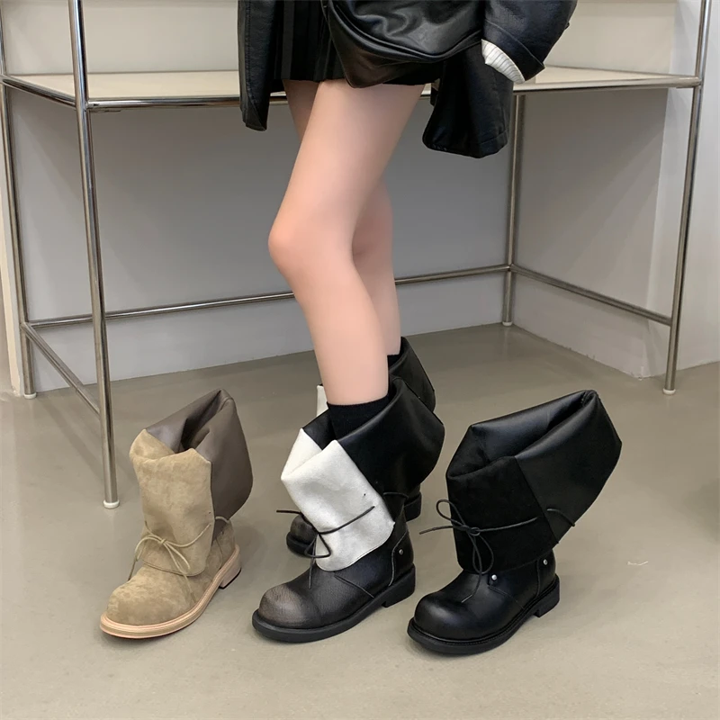 ZAROY Strap Lace Up Knee High Boots Women Autumn Winter Wide Calf Fold Ankle Boots Chunky Low Heel Patchwork Riding Booties