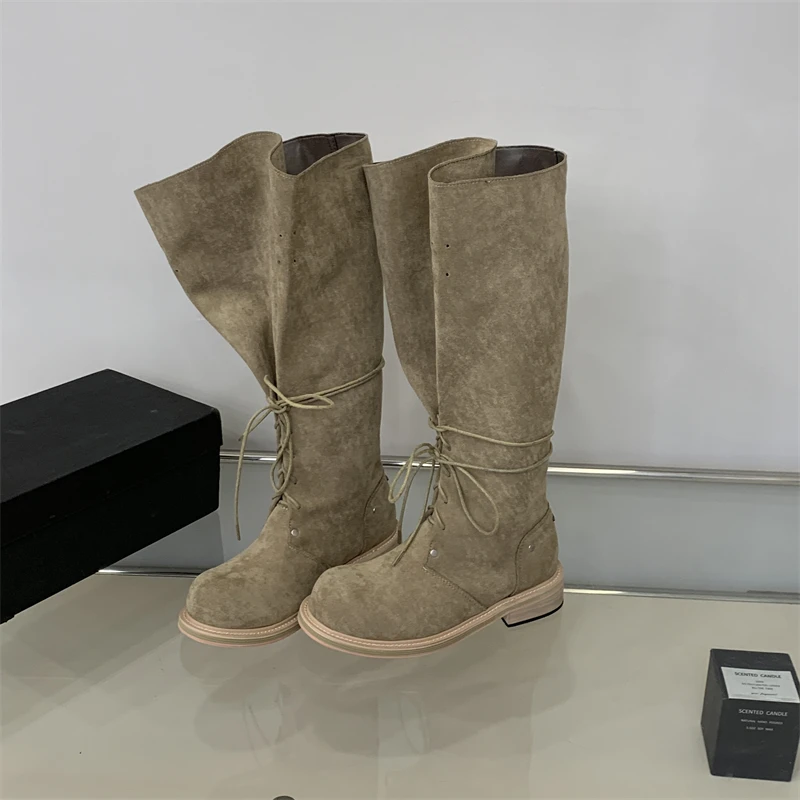ZAROY Strap Lace Up Knee High Boots Women Autumn Winter Wide Calf Fold Ankle Boots Chunky Low Heel Patchwork Riding Booties