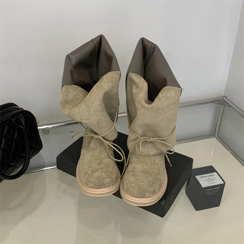 ZAROY Strap Lace Up Knee High Boots Women Autumn Winter Wide Calf Fold Ankle Boots Chunky Low Heel Patchwork Riding Booties