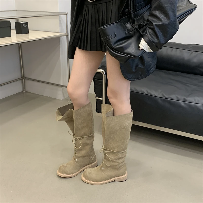 ZAROY Strap Lace Up Knee High Boots Women Autumn Winter Wide Calf Fold Ankle Boots Chunky Low Heel Patchwork Riding Booties