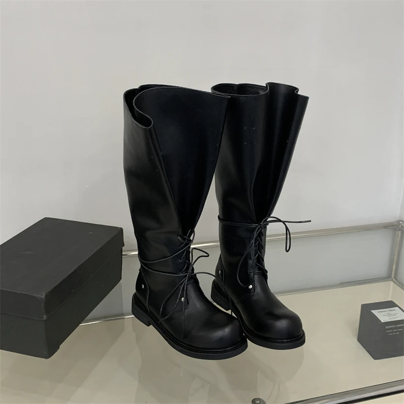 ZAROY Strap Lace Up Knee High Boots Women Autumn Winter Wide Calf Fold Ankle Boots Chunky Low Heel Patchwork Riding Booties