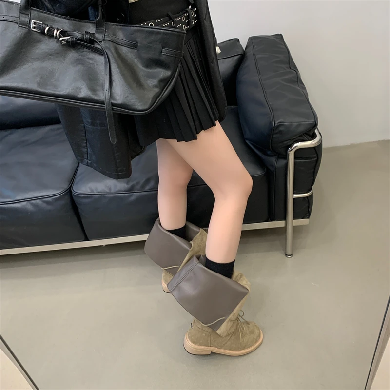 ZAROY Strap Lace Up Knee High Boots Women Autumn Winter Wide Calf Fold Ankle Boots Chunky Low Heel Patchwork Riding Booties