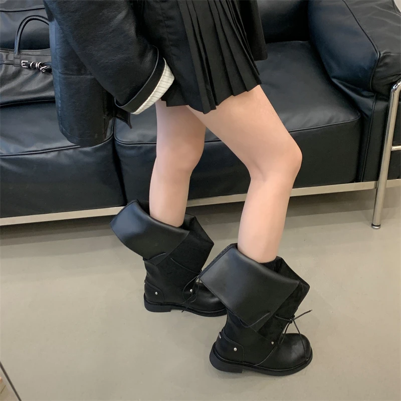 ZAROY Strap Lace Up Knee High Boots Women Autumn Winter Wide Calf Fold Ankle Boots Chunky Low Heel Patchwork Riding Booties