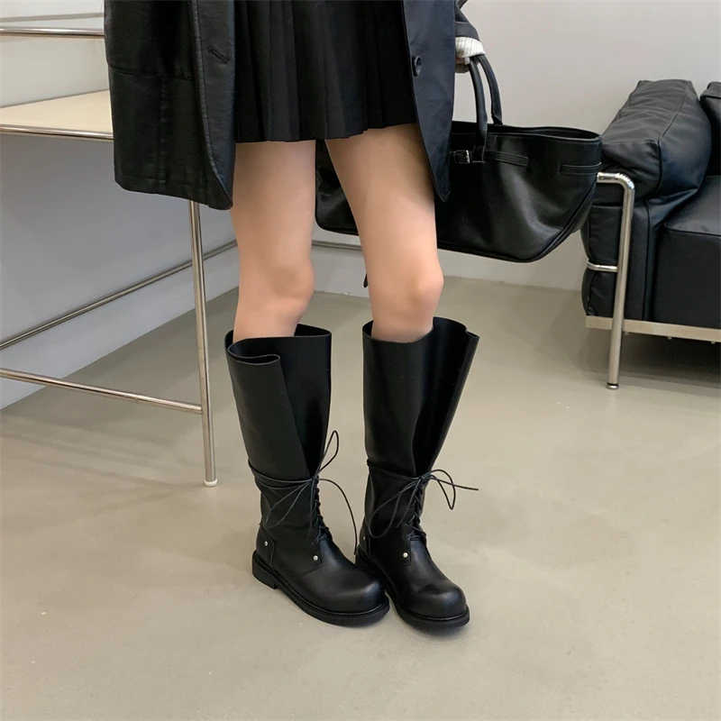 ZAROY Strap Lace Up Knee High Boots Women Autumn Winter Wide Calf Fold Ankle Boots Chunky Low Heel Patchwork Riding Booties