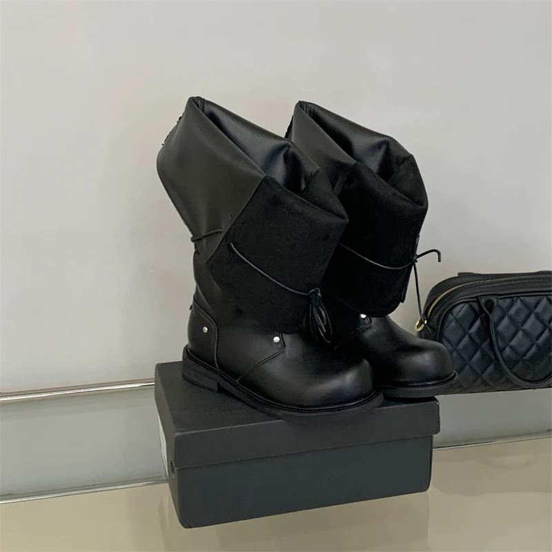 ZAROY Strap Lace Up Knee High Boots Women Autumn Winter Wide Calf Fold Ankle Boots Chunky Low Heel Patchwork Riding Booties