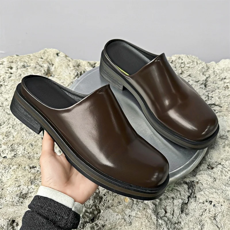 Loafers Height 5cm Leather Slippers Men's Summer Slip-on Shoes Business Casual Plus Size 38-46