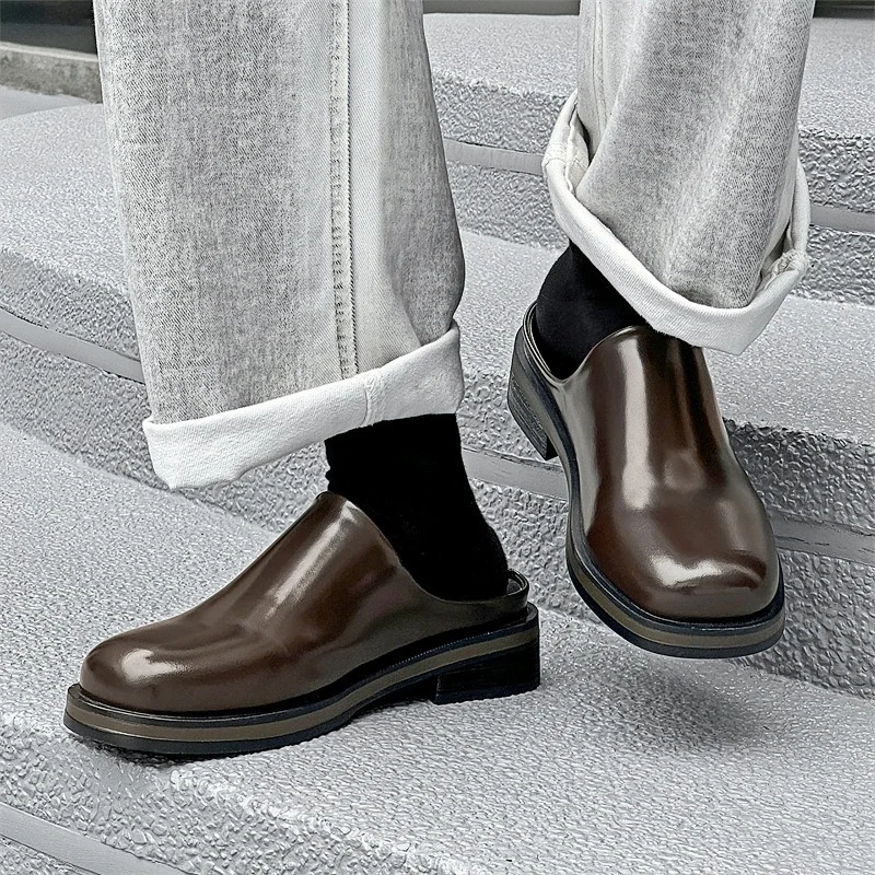Loafers Height 5cm Leather Slippers Men's Summer Slip-on Shoes Business Casual Plus Size 38-46