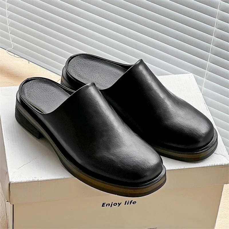 Loafers Height 5cm Leather Slippers Men's Summer Slip-on Shoes Business Casual Plus Size 38-46