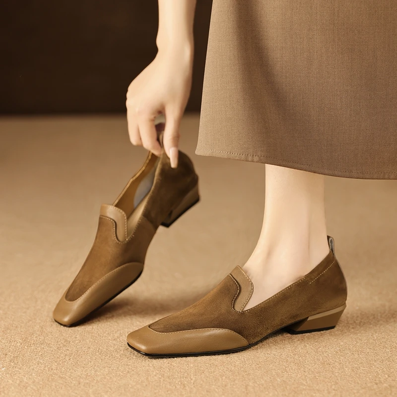 2026 New Trend Spring Genuine Cow Leather Loafers Women Brown Black Shoes Square Toe Retro Low Block Heels Office Ladies