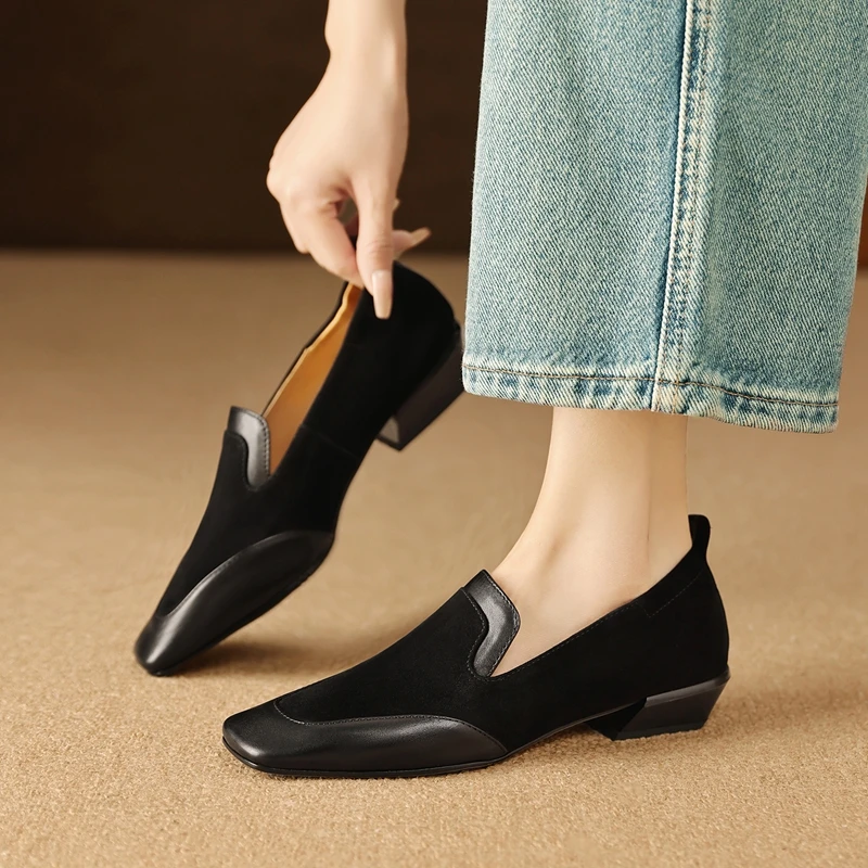 2026 New Trend Spring Genuine Cow Leather Loafers Women Brown Black Shoes Square Toe Retro Low Block Heels Office Ladies