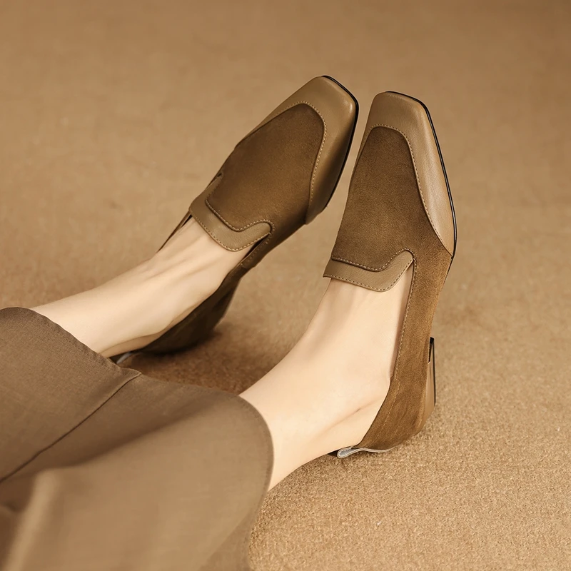 2026 New Trend Spring Genuine Cow Leather Loafers Women Brown Black Shoes Square Toe Retro Low Block Heels Office Ladies