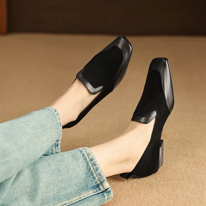 2026 New Trend Spring Genuine Cow Leather Loafers Women Brown Black Shoes Square Toe Retro Low Block Heels Office Ladies