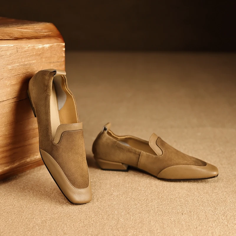 2026 New Trend Spring Genuine Cow Leather Loafers Women Brown Black Shoes Square Toe Retro Low Block Heels Office Ladies