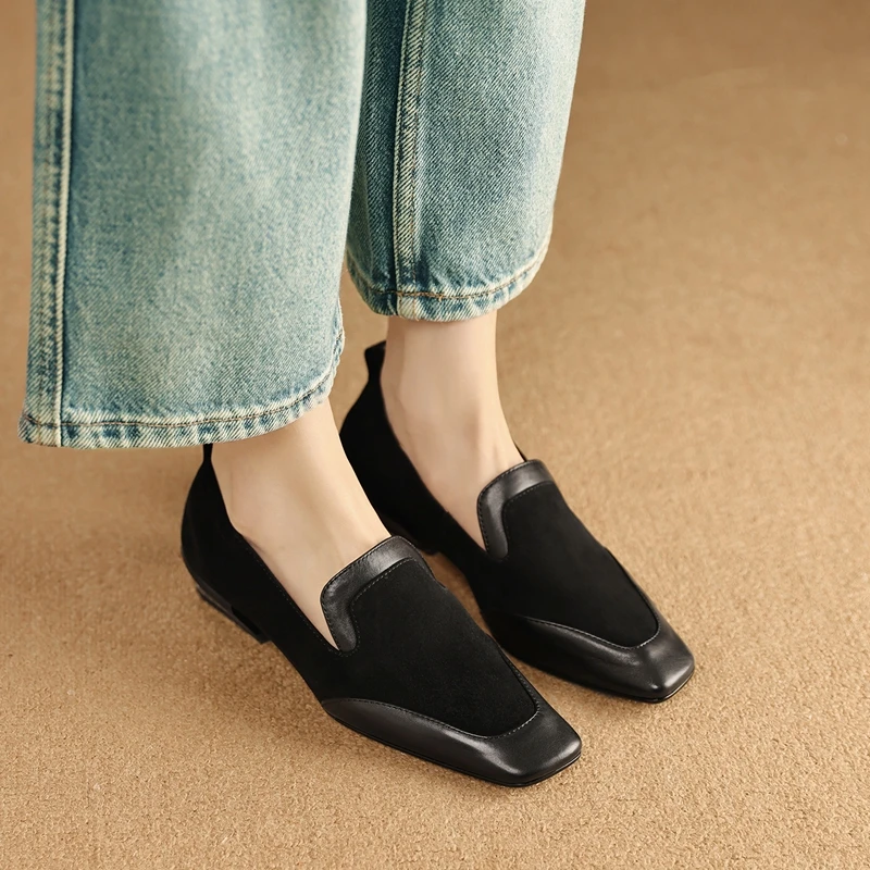 2026 New Trend Spring Genuine Cow Leather Loafers Women Brown Black Shoes Square Toe Retro Low Block Heels Office Ladies