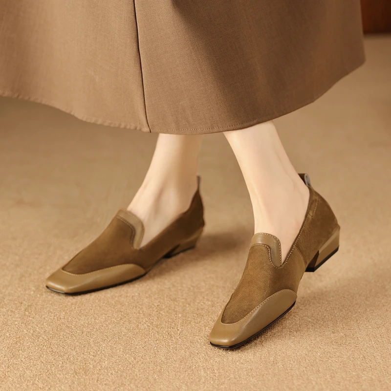 2026 New Trend Spring Genuine Cow Leather Loafers Women Brown Black Shoes Square Toe Retro Low Block Heels Office Ladies