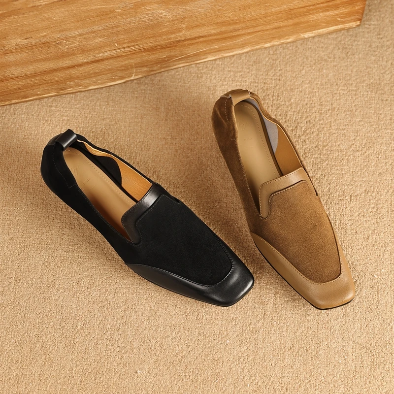 2026 New Trend Spring Genuine Cow Leather Loafers Women Brown Black Shoes Square Toe Retro Low Block Heels Office Ladies