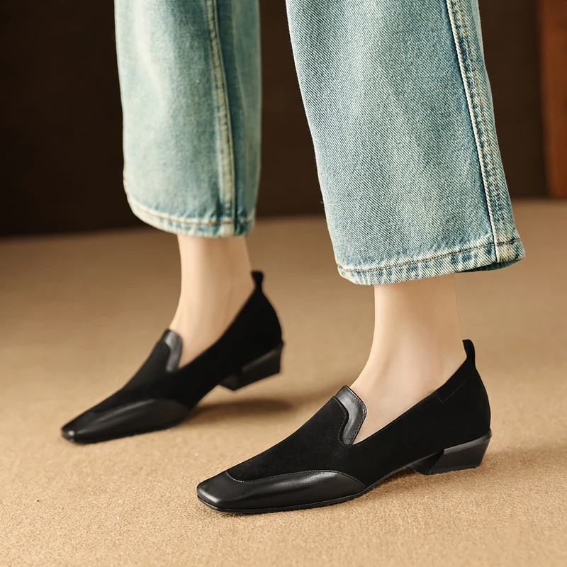 2026 New Trend Spring Genuine Cow Leather Loafers Women Brown Black Shoes Square Toe Retro Low Block Heels Office Ladies