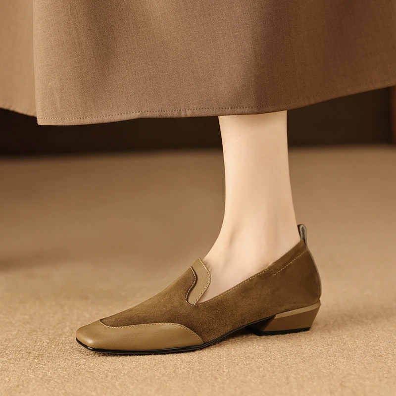 2026 New Trend Spring Genuine Cow Leather Loafers Women Brown Black Shoes Square Toe Retro Low Block Heels Office Ladies