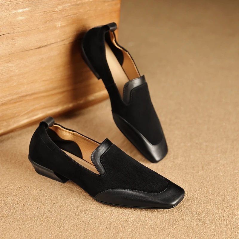 2026 New Trend Spring Genuine Cow Leather Loafers Women Brown Black Shoes Square Toe Retro Low Block Heels Office Ladies