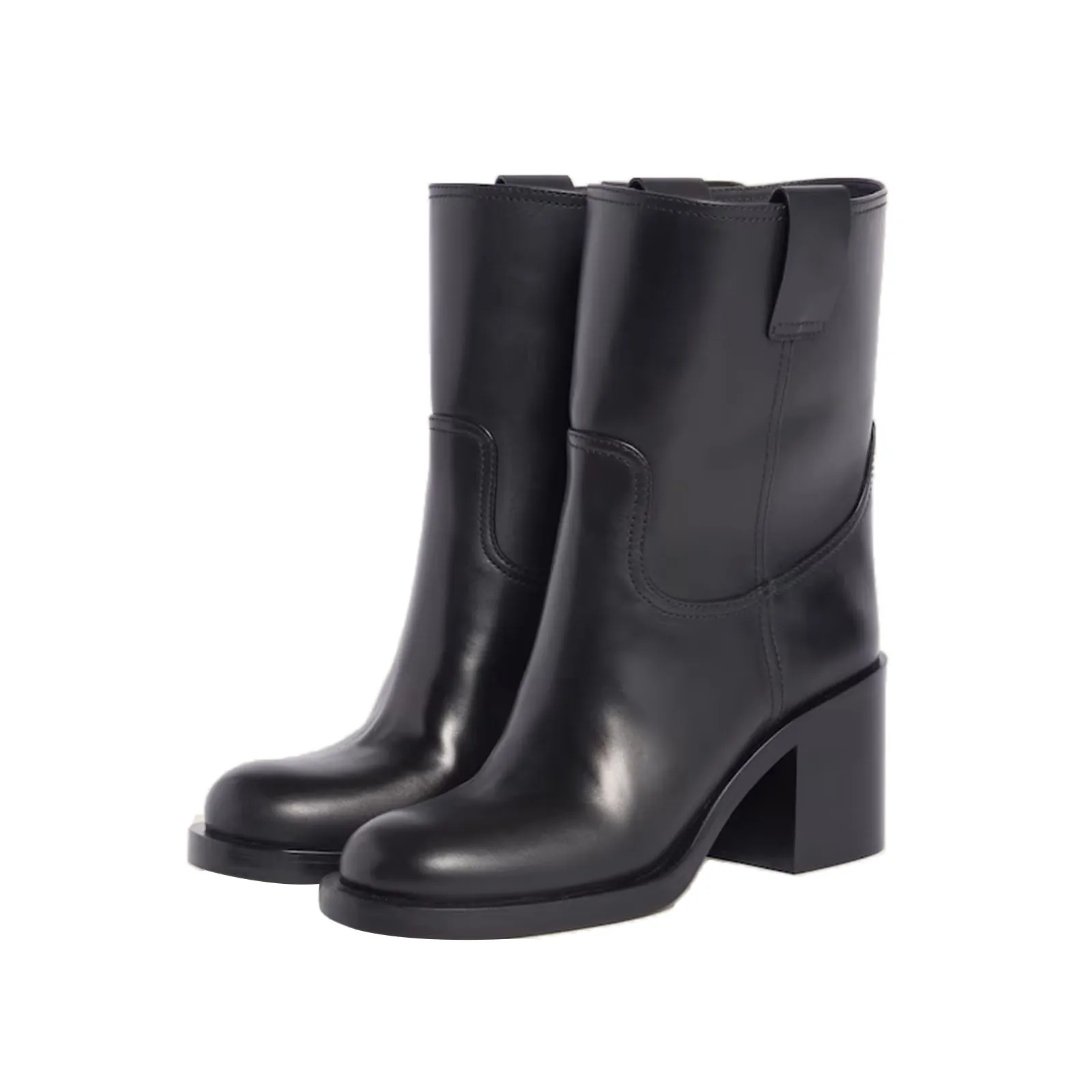 Arden Furtado Women's Spring Cowhide Ankle Boots Black Round Toe Pull-On Chunky Heels Modern Large Size Simple Style