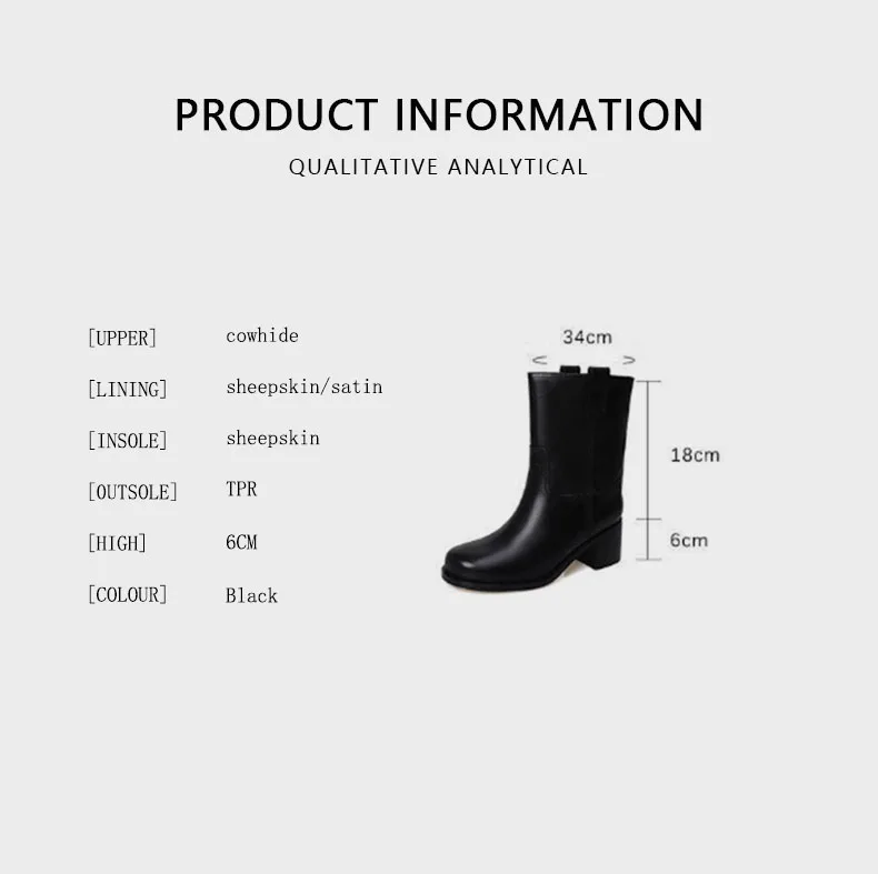 Arden Furtado Women's Spring Cowhide Ankle Boots Black Round Toe Pull-On Chunky Heels Modern Large Size Simple Style