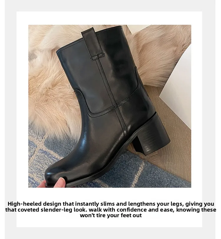 Arden Furtado Women's Spring Cowhide Ankle Boots Black Round Toe Pull-On Chunky Heels Modern Large Size Simple Style