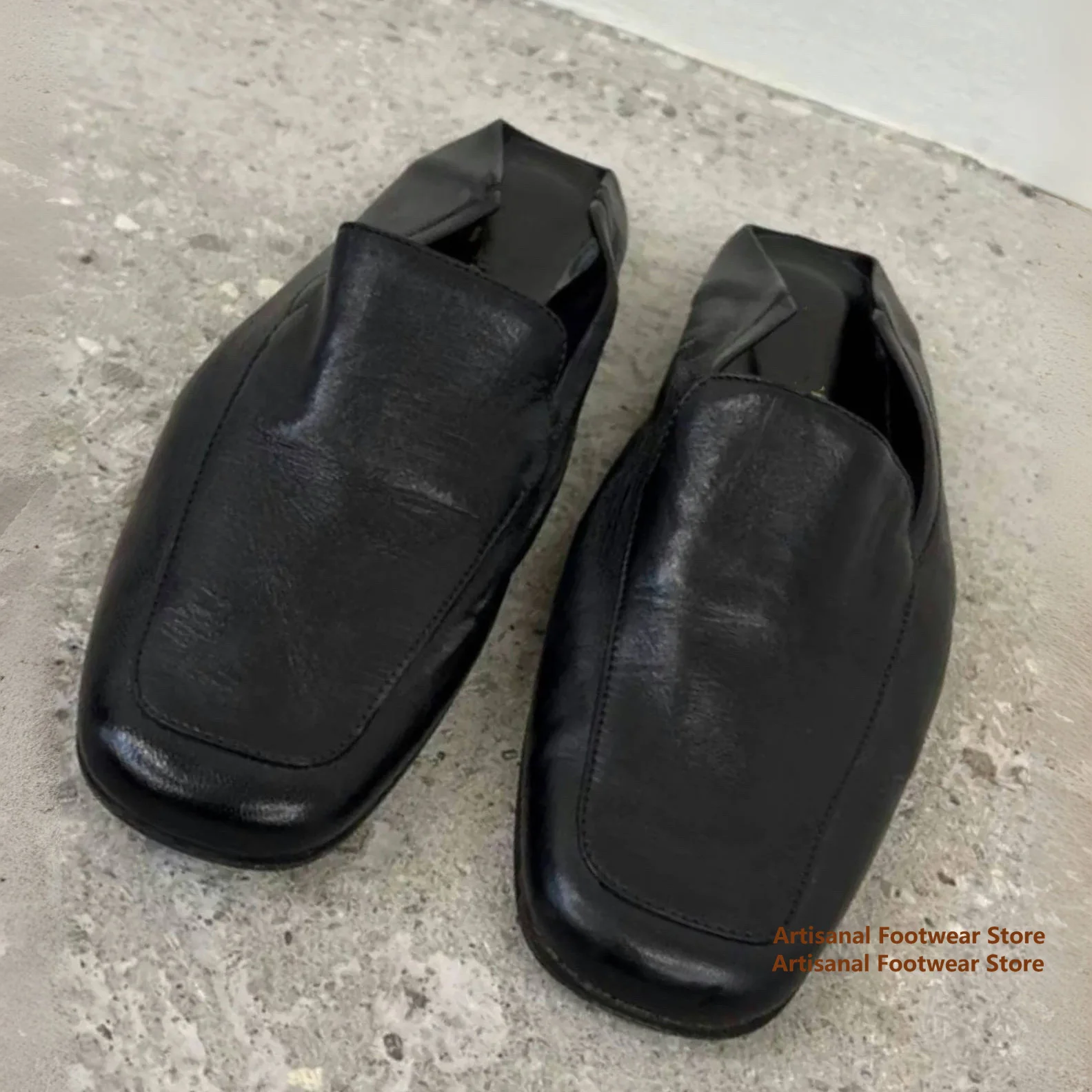 Black Soft Leather Square-Toe Backless Mule Loafers 2-Way Wear Foldable Back Men's Shoes Trendy Luxury Handmade Men's Shoes
