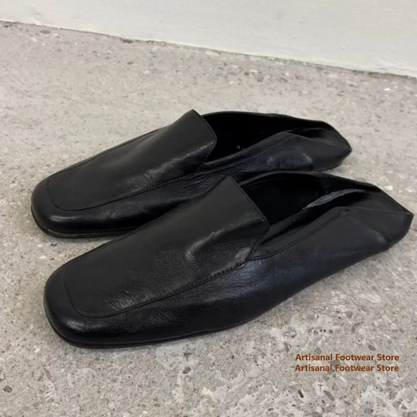 Black Soft Leather Square-Toe Backless Mule Loafers 2-Way Wear Foldable Back Men's Shoes Trendy Luxury Handmade Men's Shoes