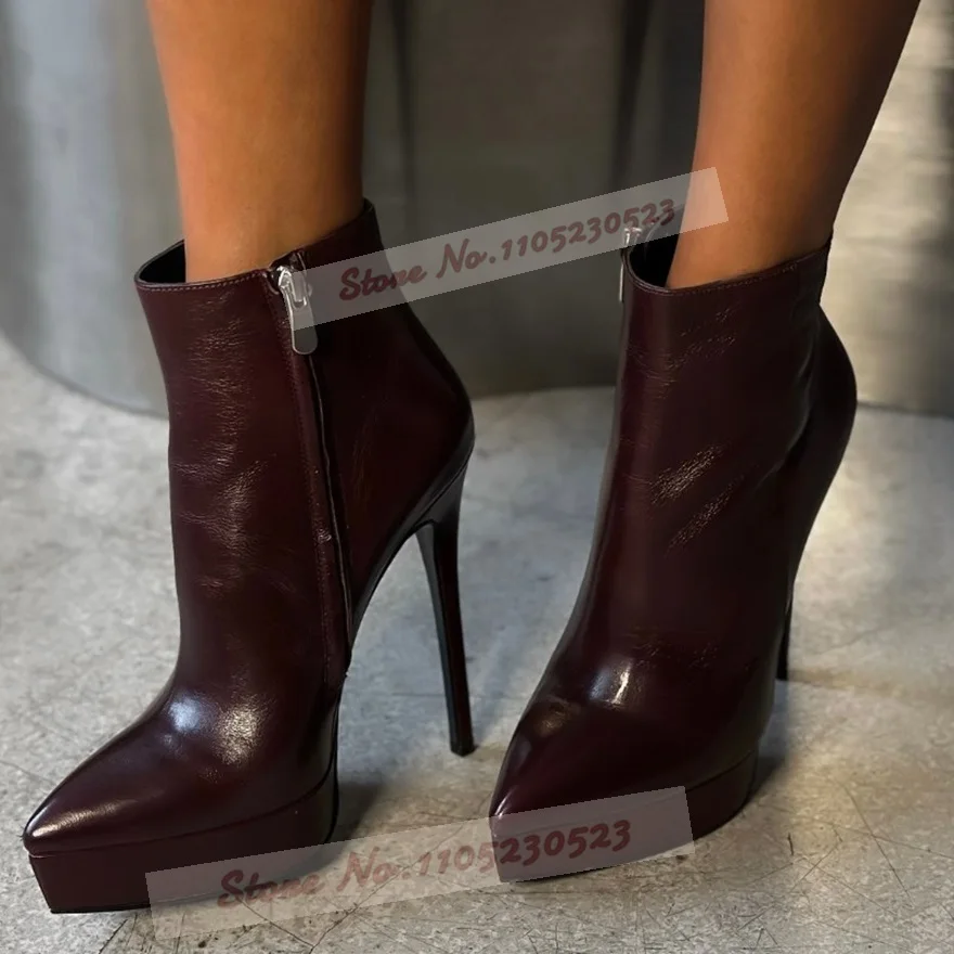 Burgundy Nude Matte Platform Ankle Boots Stiletto Heels Pointed Toe Short Booties Zipped Outside Motorcycle Boots Elegant Shoes
