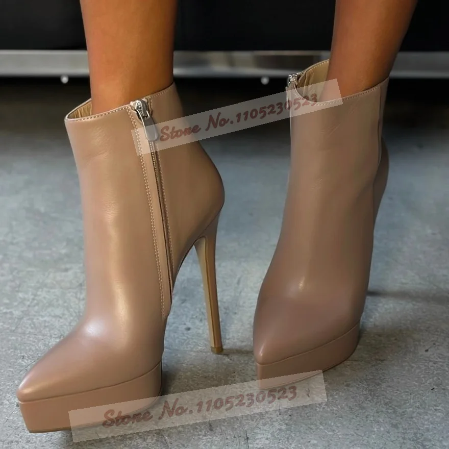 Burgundy Nude Matte Platform Ankle Boots Stiletto Heels Pointed Toe Short Booties Zipped Outside Motorcycle Boots Elegant Shoes