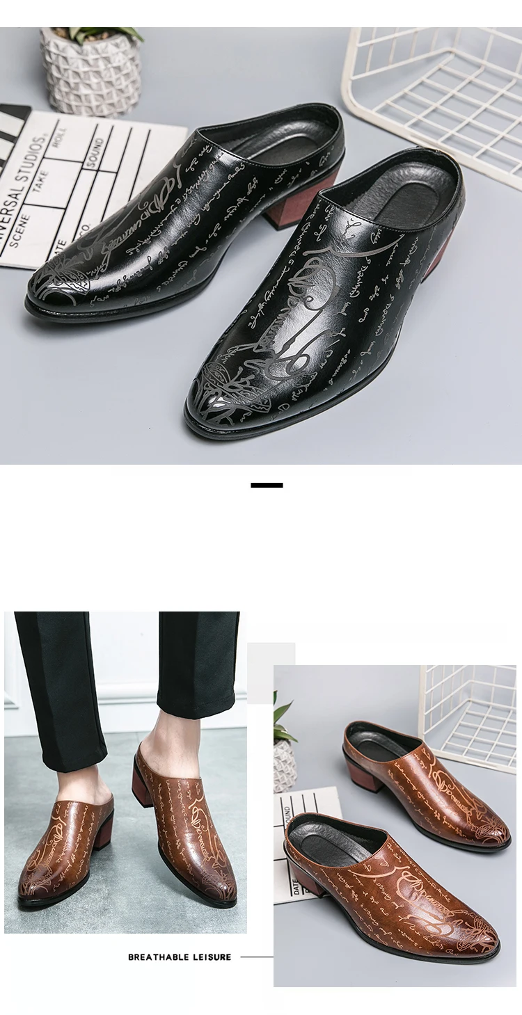 Summer New British Style Men Mules Slipper Ceremonial heightening Shoes Hombre Daily Dress Casual Pointed Designer Leather Shoes