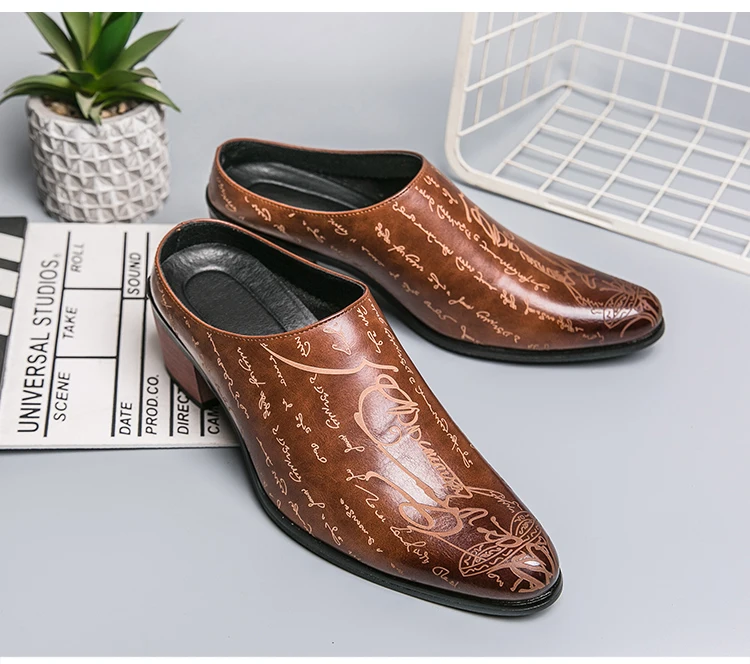 Summer New British Style Men Mules Slipper Ceremonial heightening Shoes Hombre Daily Dress Casual Pointed Designer Leather Shoes