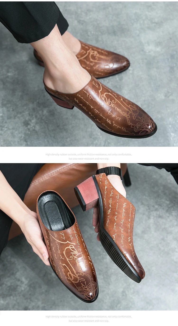 Summer New British Style Men Mules Slipper Ceremonial heightening Shoes Hombre Daily Dress Casual Pointed Designer Leather Shoes