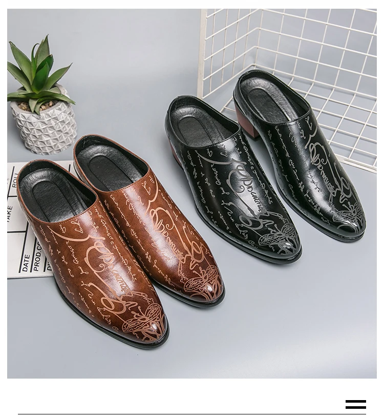 Summer New British Style Men Mules Slipper Ceremonial heightening Shoes Hombre Daily Dress Casual Pointed Designer Leather Shoes